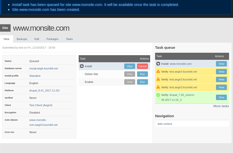 Aegir dashboard just after saving a new site