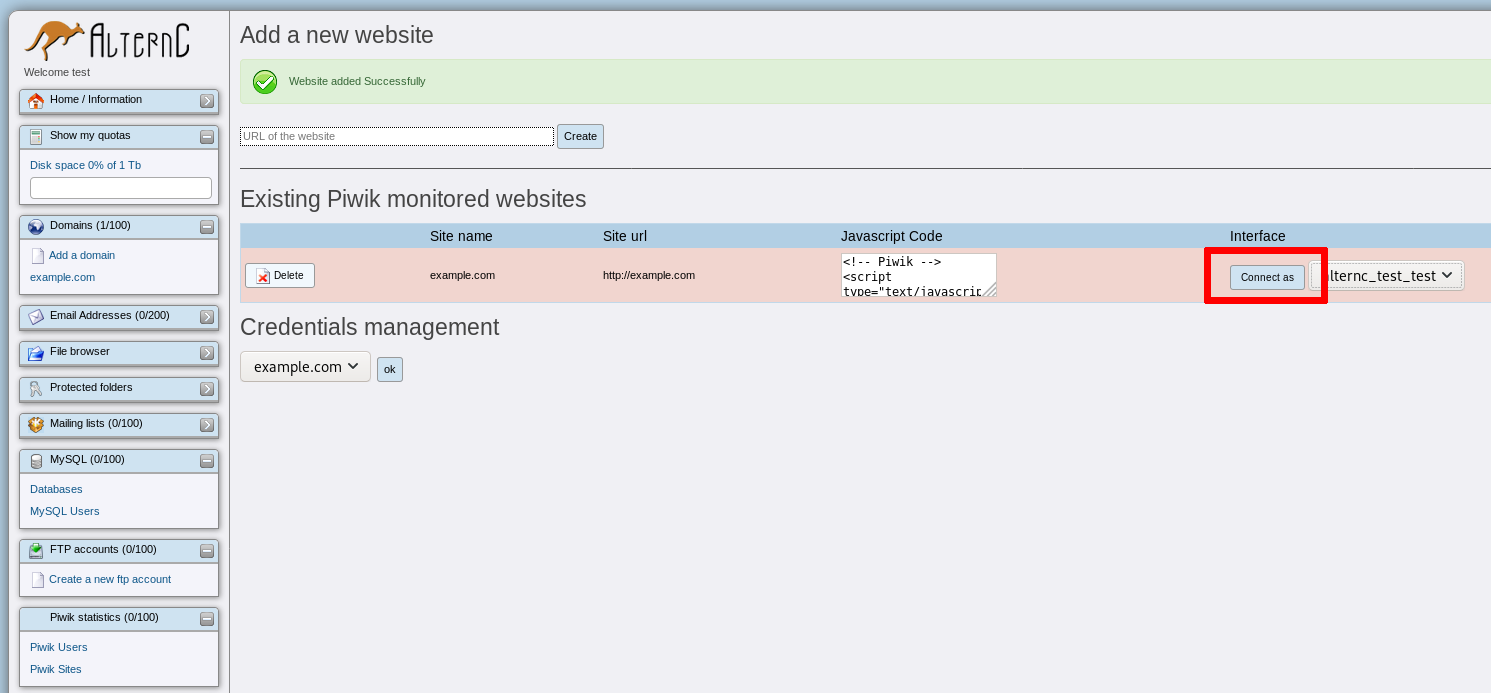 Steps for connecting to a Matomo (Piwik) site from AlternC