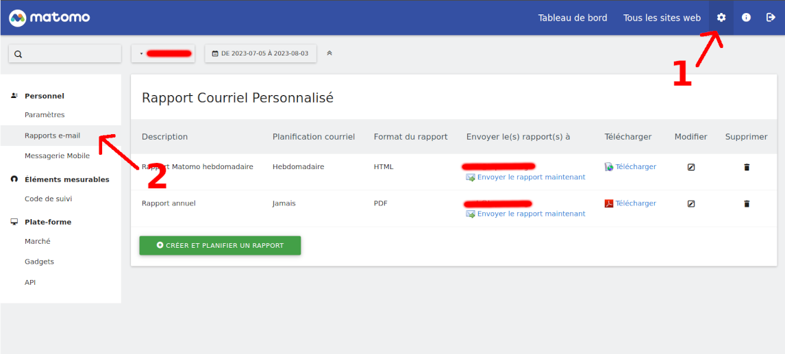Interface de Matomo: Cliquer sur "paramètres" ou "settings", puis sur "rapports e-mail"